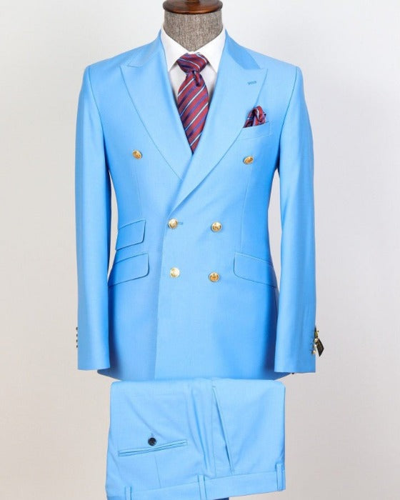 Double Breasted Sky Blue - Golden Button Men Suit