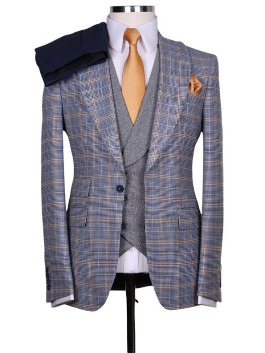 grey plaid wide lapel 3pcs suit
