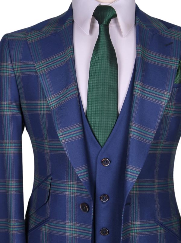 Men's Blue and Green checked single breasted 3pcs suit